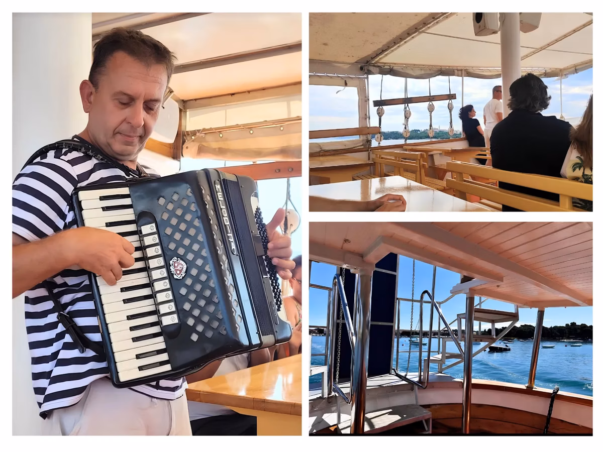 Live accordion music and guests relaxing on deck